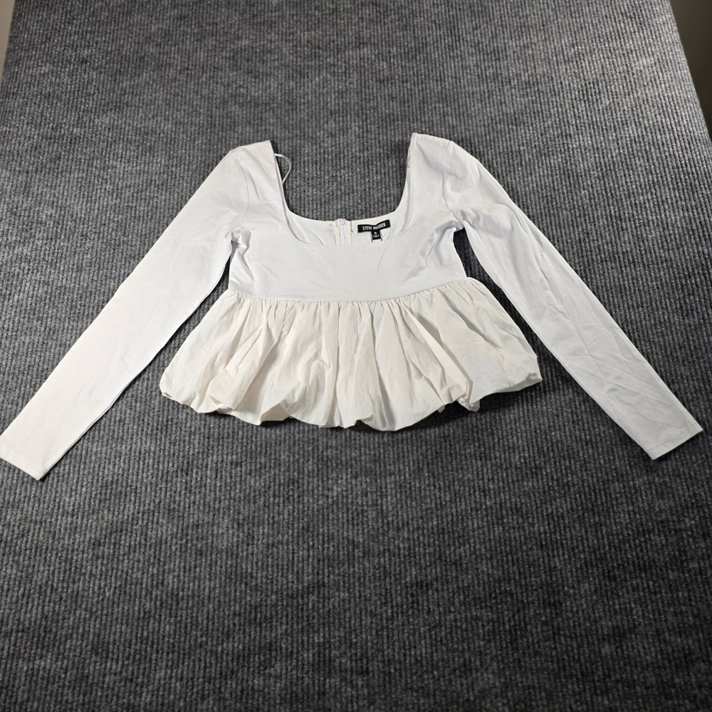 Steve Madden White Long Sleeve Peplum‎ Top Square Neck Babydoll  Small